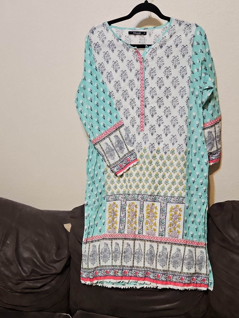 Khaadi Mint Green Printed Midi Dress with Floral Border